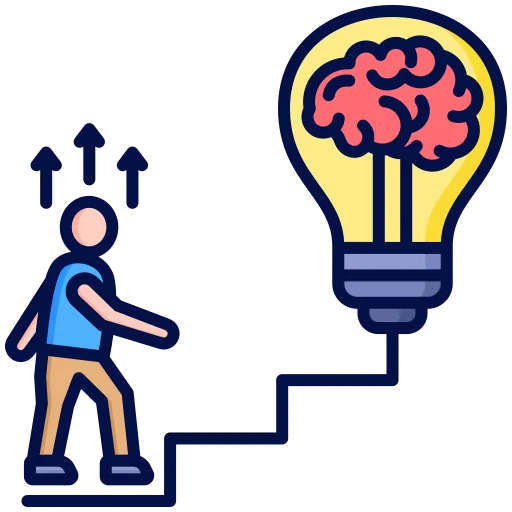 Person climbing stairs toward a lightbulb containing a brain, with upward arrows